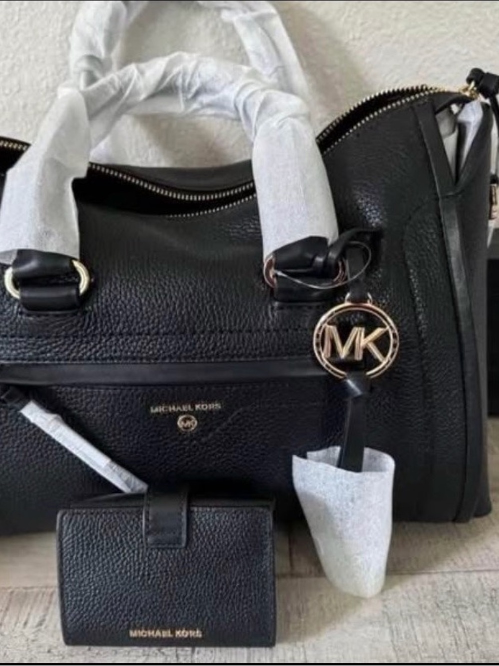 Michael Kors Black Pebbled Leather Satchel with Matching Wallet